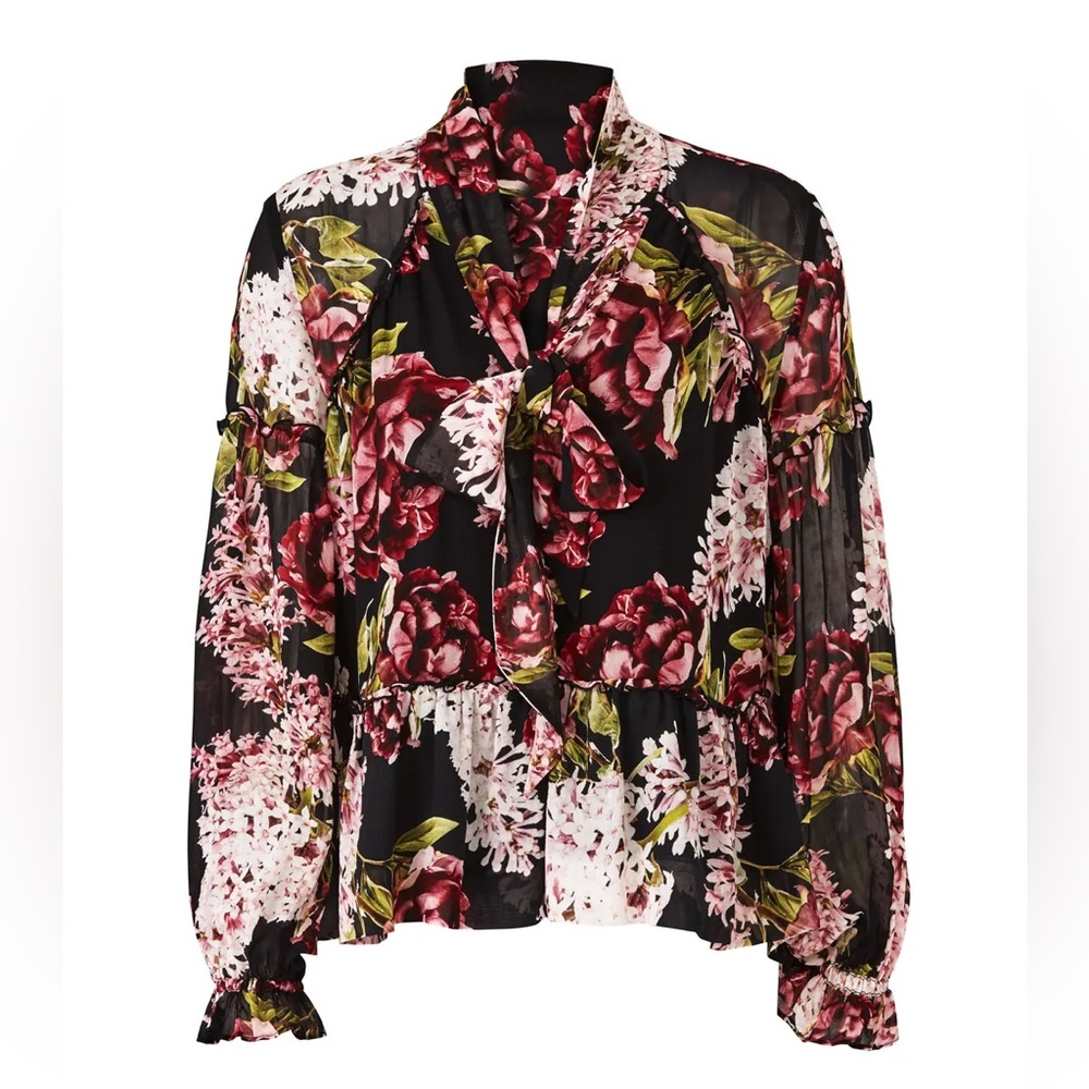 Nicholas Heather Silk Tiered Tie Neck Button Ruffle Blouse Black Rose Floral 12